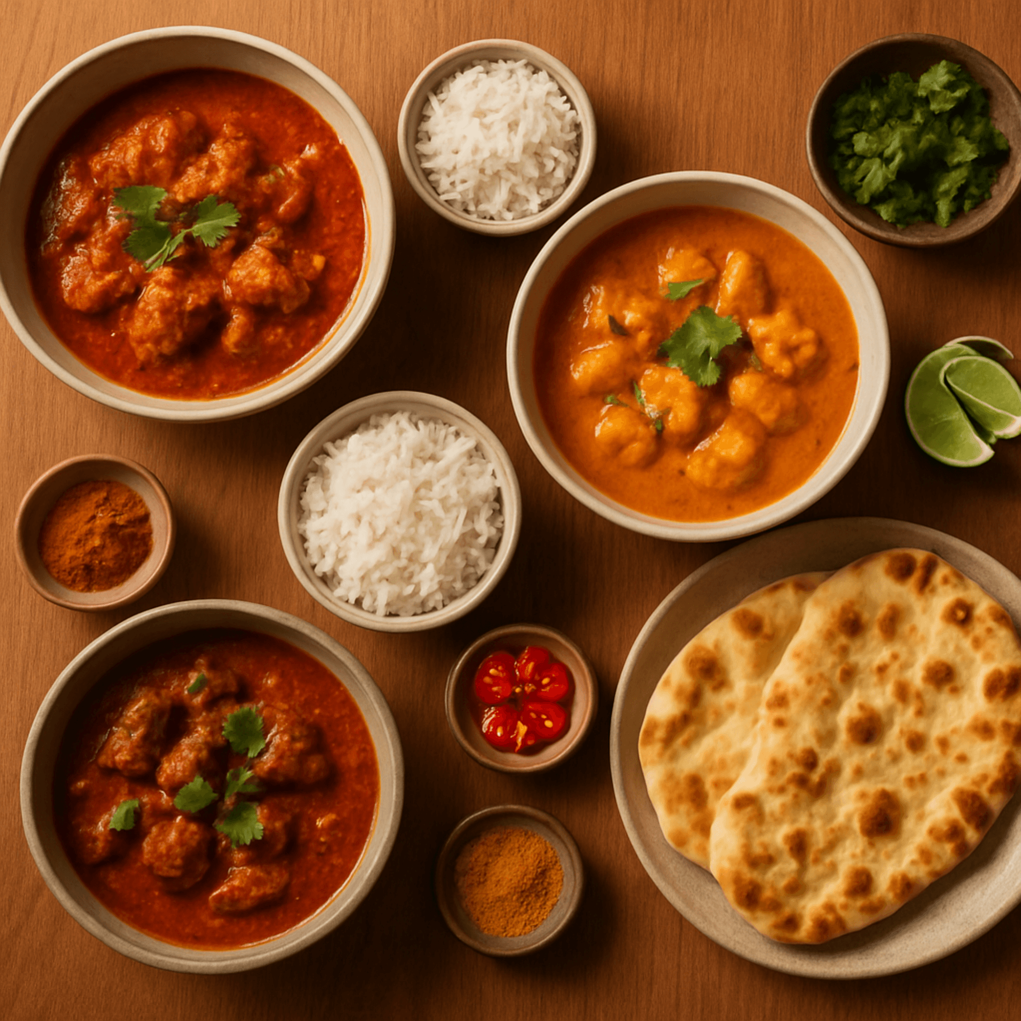 Curryrätter på ett varmt träbord